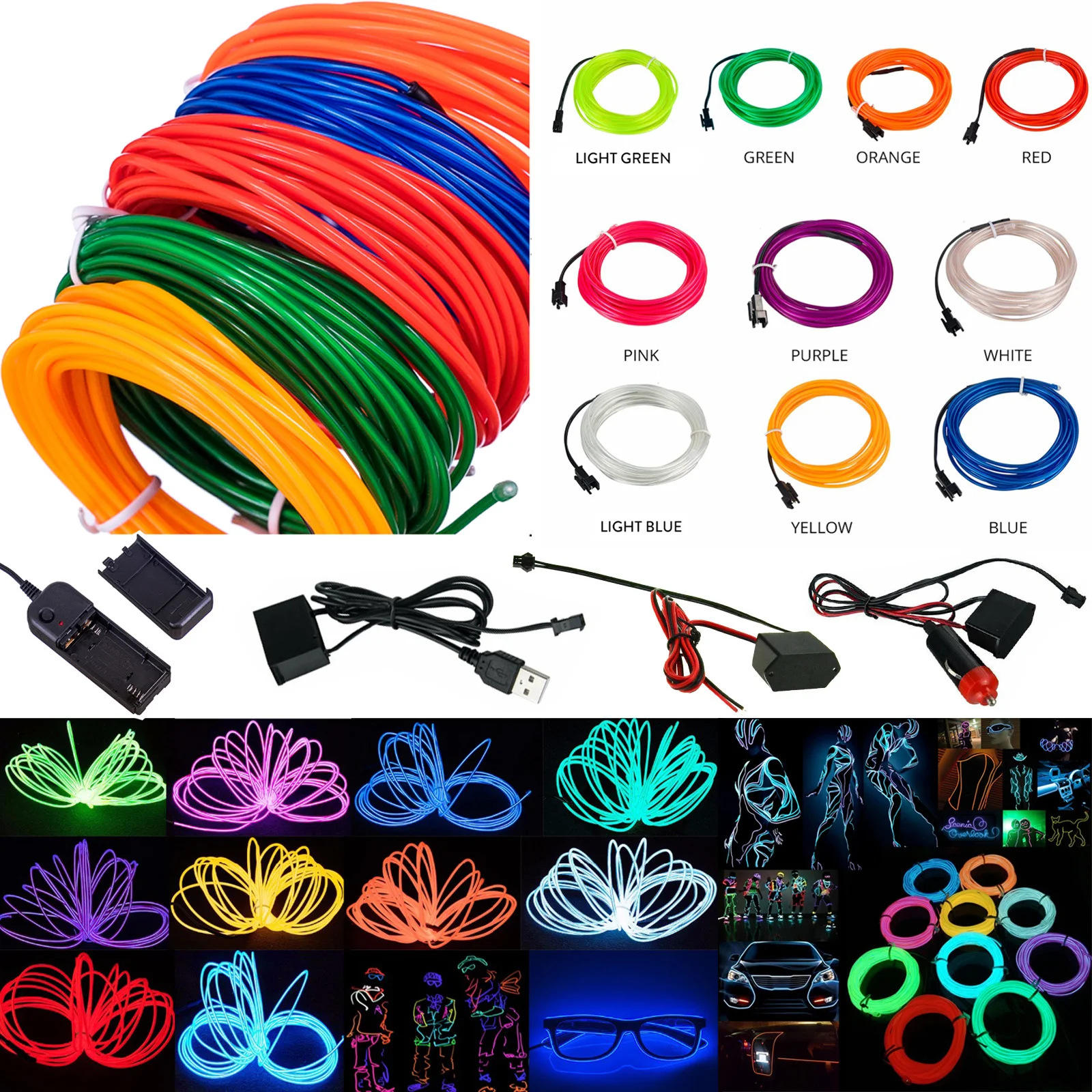 

1M-5M Neon Glow EL Wire Rope 3V Battery Operated 5V USB 12V with Adapter Flexible LED Strip for Car Party Dance Atmosphere Decor