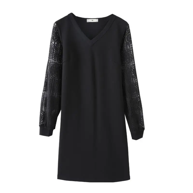 2021 Autumn Winter V Neck Lace Long Sleeve Splicing Women's Dress New Casual Loose Midi Dress Female Chic Black Straight Dresses 
2021 Autumn Winter V Neck Lace Long Sleeve Splicing Women's Dress New Casual Loose Midi Dress Female Chic Black Straight Dresses