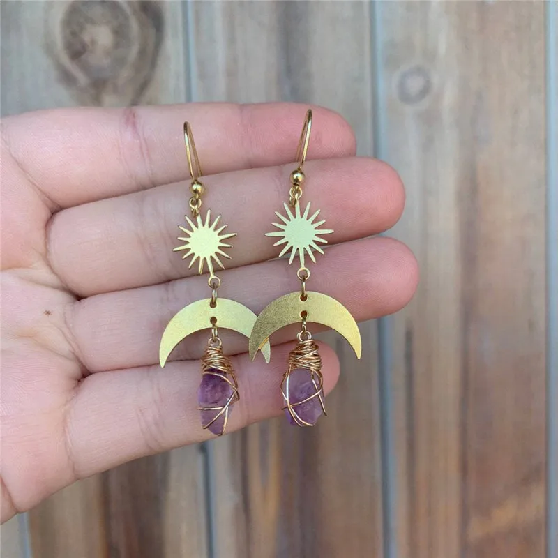 Charming Amethyst Crystal Sun Moon Earrings in Gold Sunburst Dangle Earrings Celestial Jewelry/Birthstone Accessories JD5G-6-H
Charming Amethyst Crystal Sun Moon Earrings in Gold Sunburst Dangle Earrings Celestial Jewelry/Birthstone Accessories JD5G-6-H
