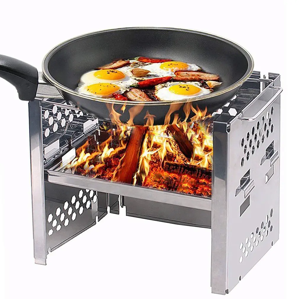 

Camping Wood Burning Stove Barbecue Skewers Outdoor Folding Backpacking Cooking Stove with Grill Plate and Bellow BBQ Skewers