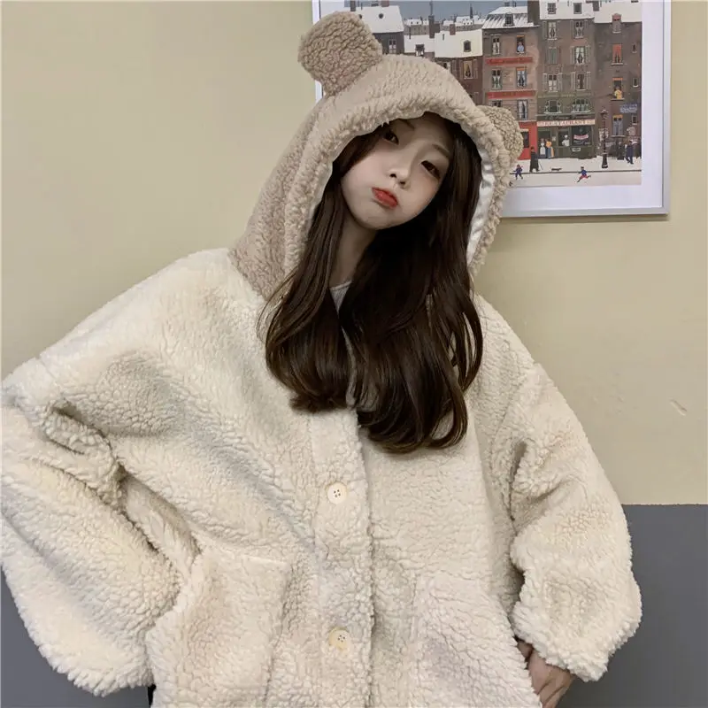 Women Winter Lamb Wool Button Up Hoodies Bear Ears Hooded New Korean Casual Pocket Solid Color Warm Plush Fleece Sweatshirts
Women Winter Lamb Wool Button Up Hoodies Bear Ears Hooded New Korean Casual Pocket Solid Color Warm Plush Fleece Sweatshirts