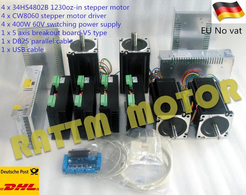 4 Axis CNC Controller Kit Nema 34 Stepper Motor (Dual shaft) 1230oz-in 5.0A 116mm & Driver & Power supply
4 Axis CNC Controller Kit Nema 34 Stepper Motor (Dual shaft) 1230oz-in 5.0A 116mm & Driver & Power supply