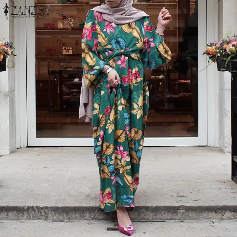 

2021 ZANZEA кафтан женский сарафан с принтом осеннее мусульманское платье повседневное с длинным рукавом Abaya хиджаб макси платья Женское Платье ...