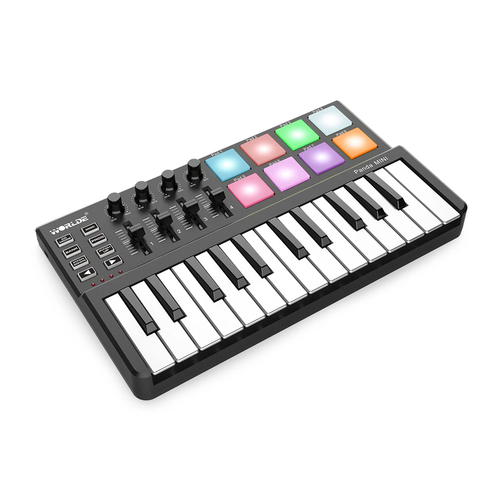 WORLDE Panda MINI 25-клавишный MIDI-контроллер, ультрапортативная USB MIDI-клавиатура с 8 цветными подсветками, триггерные подушки Plug and Play
WORLDE Panda MINI 25-клавишный MIDI-контроллер, ультрапортативная USB MIDI-клавиатура с 8 цветными подсветками, триггерные подушки Plug and Play