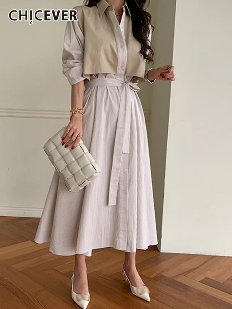 CHICEVER Korean Fashion Striped Fake Two Midi Dress For Women Lapel Long Sleeve High Waist Fold A Line Dresses Female 2021 Style
CHICEVER Korean Fashion Striped Fake Two Midi Dress For Women Lapel Long Sleeve High Waist Fold A Line Dresses Female 2021 Style