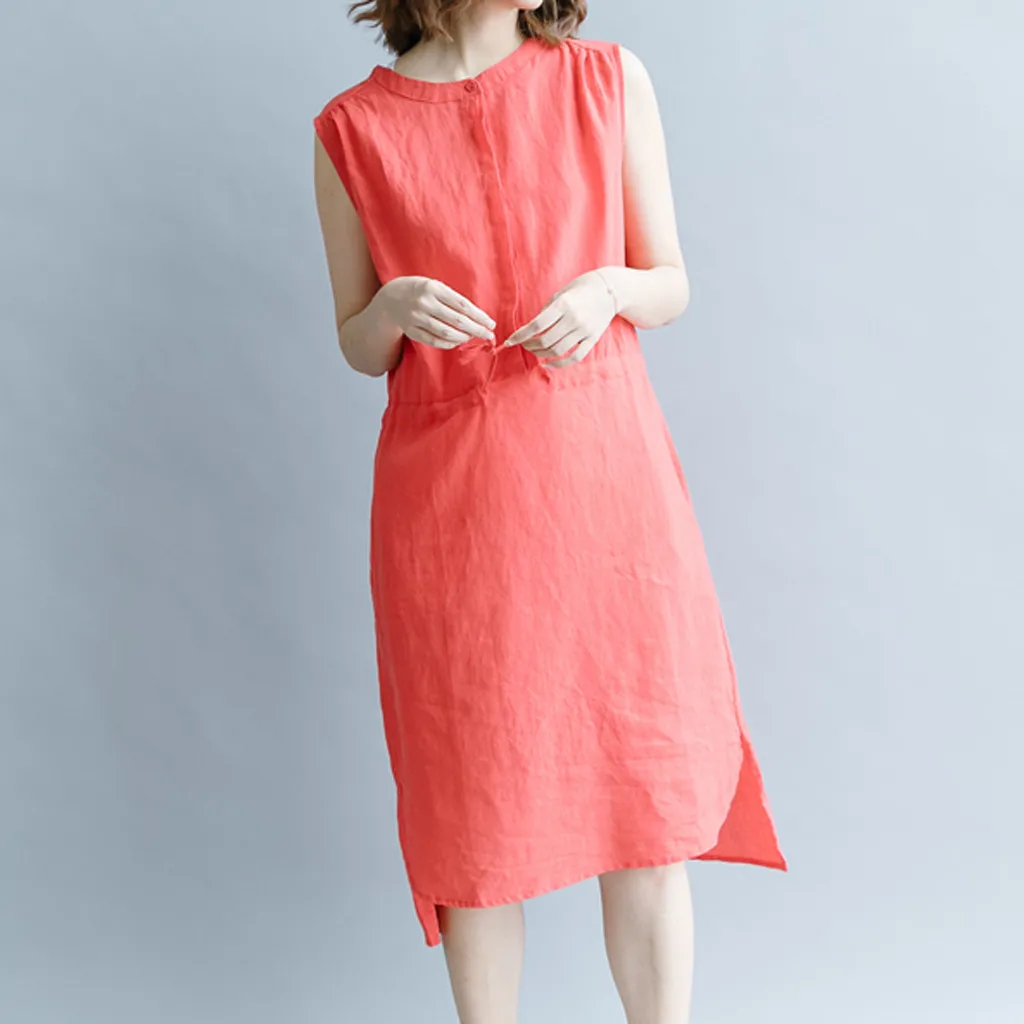 Cotton Linen Dress Women Solid O-neck Lacing Buttons Sleeveless Knee-length Dress Korean Style Casual Women Dresses Ropa Mujer
Cotton Linen Dress Women Solid O-neck Lacing Buttons Sleeveless Knee-length Dress Korean Style Casual Women Dresses Ropa Mujer