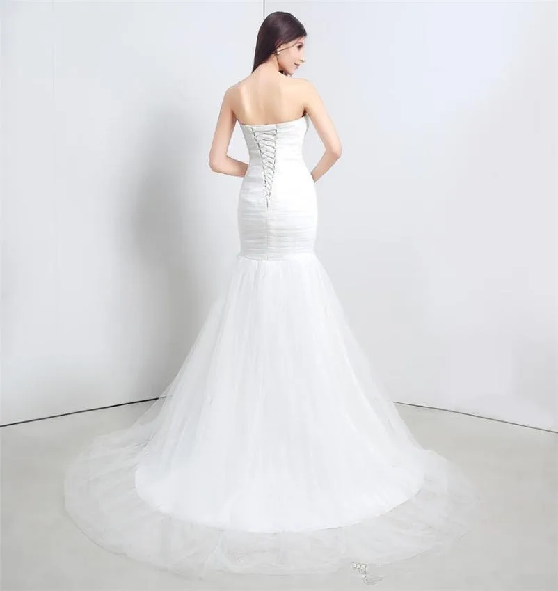 New Arrival Ruched Tulle Mermaid Wedding Dress Lace Up White/Ivory Marry Dresses Bridal Dresses Hot Sale In Stock vestido de fe
New Arrival Ruched Tulle Mermaid Wedding Dress Lace Up White/Ivory Marry Dresses Bridal Dresses Hot Sale In Stock vestido de fe