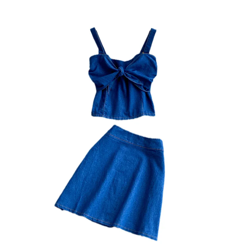 2021 Summer New Jeans Skirts Sets Fashion Bow Short Denim Slip Vest Top And High Waist Buttock A-line Skirt Two Piece Suits
2021 Summer New Jeans Skirts Sets Fashion Bow Short Denim Slip Vest Top And High Waist Buttock A-line Skirt Two Piece Suits