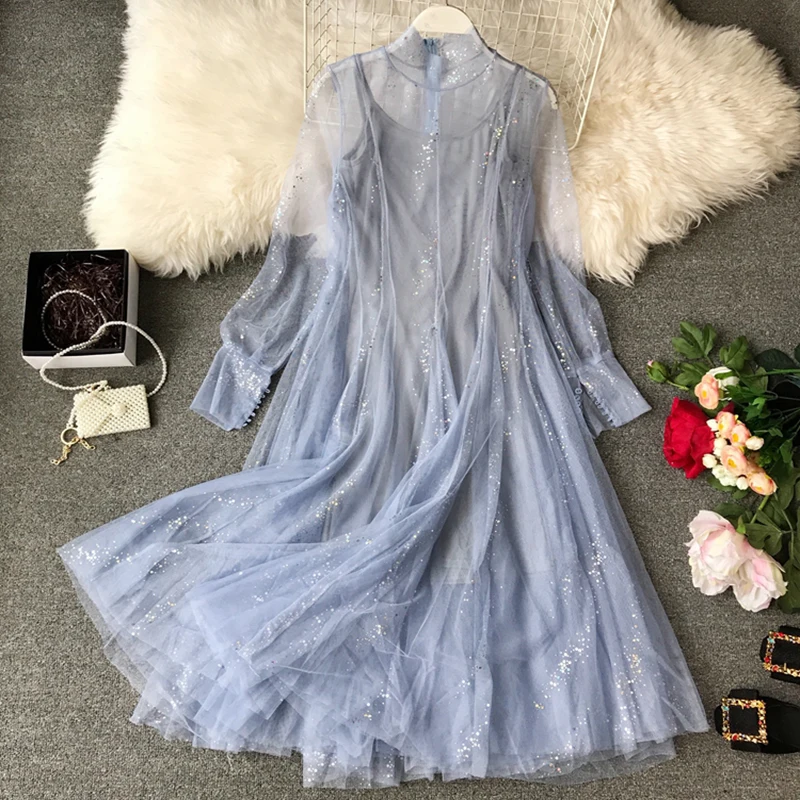 2021 New Fashion Super Fairy Chic Spring Women's Dress Glitter Sequin Mesh Long Sleeve Dress Female Two-piece Set Sweet Dress
2021 New Fashion Super Fairy Chic Spring Women's Dress Glitter Sequin Mesh Long Sleeve Dress Female Two-piece Set Sweet Dress