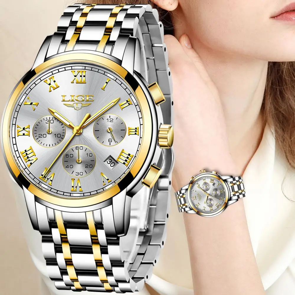 Часы наручные LIGE женские кварцевые брендовые Роскошные деловые с браслетом из