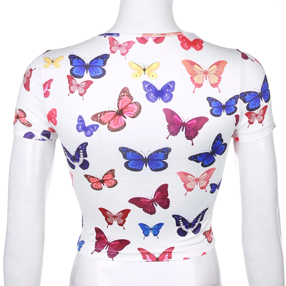 Women Fashion Butterfly Print Crop Tops Short Sleeve O Neck Round Neck Bodycon Sexy Slim Harajuke T-Shirt Streetwear Casual 
Women Fashion Butterfly Print Crop Tops Short Sleeve O Neck Round Neck Bodycon Sexy Slim Harajuke T-Shirt Streetwear Casual