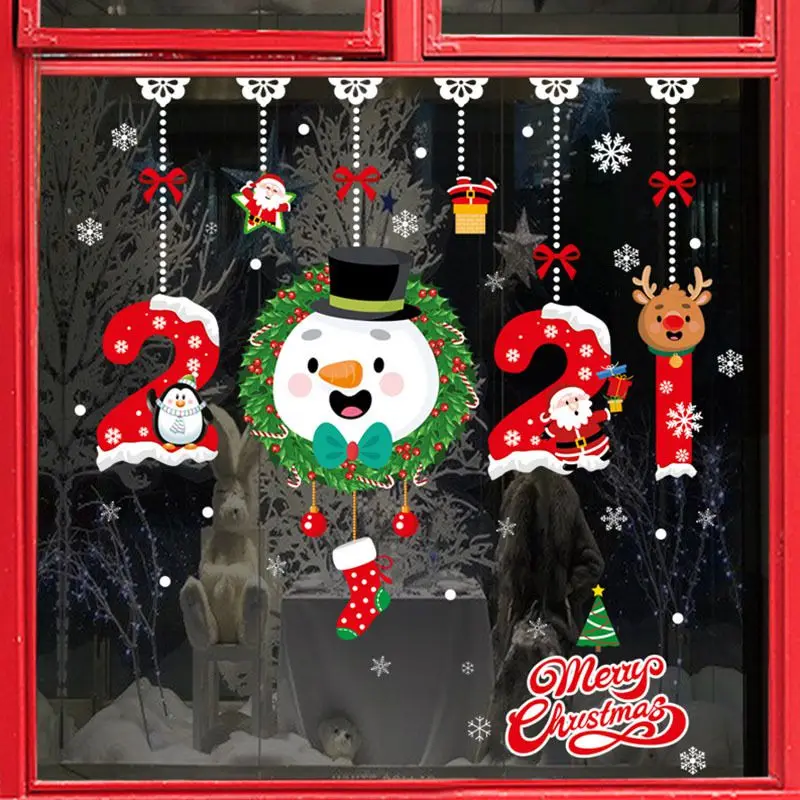 

2021 Merry Christmas Stickers Santa Claus Deer Xmas Tree Snowflake Wall Window Stickers Ornaments Navidad New Year Decoration