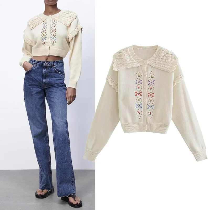 Za Women's Autumn Coat Embroidered Ruffled Knitted Cardigan For Women Single Breasted Solid Color Button Sexy Short Jacket
Za Women's Autumn Coat Embroidered Ruffled Knitted Cardigan For Women Single Breasted Solid Color Button Sexy Short Jacket