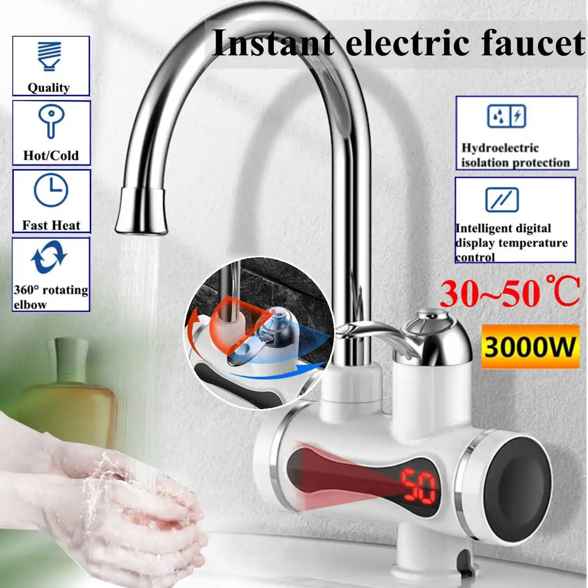 3000W Instant Electric Faucet Tap Hot Water Heater Stainless Steel Under Inflow LED Display Bathroom Kitchen
3000W Instant Electric Faucet Tap Hot Water Heater Stainless Steel Under Inflow LED Display Bathroom Kitchen