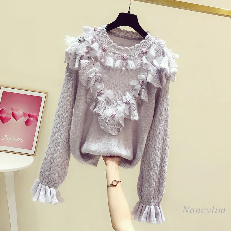 Light Purple Sweater Woman New Beads Three-Dimensional Flower Mesh Ruffled Loose Knitwear 2021 Autumn and Winter Jumper Femme
Light Purple Sweater Woman New Beads Three-Dimensional Flower Mesh Ruffled Loose Knitwear 2021 Autumn and Winter Jumper Femme