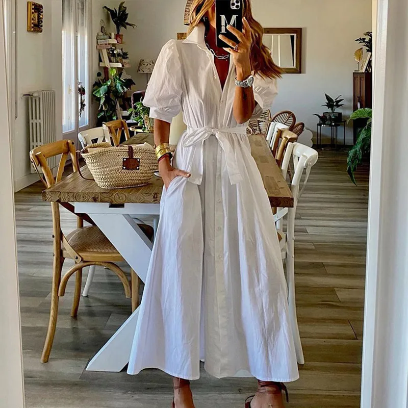 Платье женское средней длины с пышными рукавами, однотонное повседневное офисное однобортное платье-трапеция с поясом и отложным воротник... 
Платье женское средней длины с пышными рукавами, однотонное повседневное офисное однобортное платье-трапеция с поясом и отложным воротник...