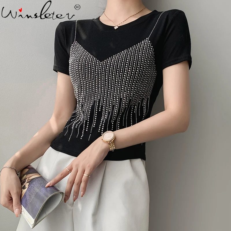 Summer European Clothes Cotton T-Shirt Chic Sexy V-Neck Shiny Diamonds Women Tops Bottoming Shirt Short Sleeve Tees New T17813A
Summer European Clothes Cotton T-Shirt Chic Sexy V-Neck Shiny Diamonds Women Tops Bottoming Shirt Short Sleeve Tees New T17813A