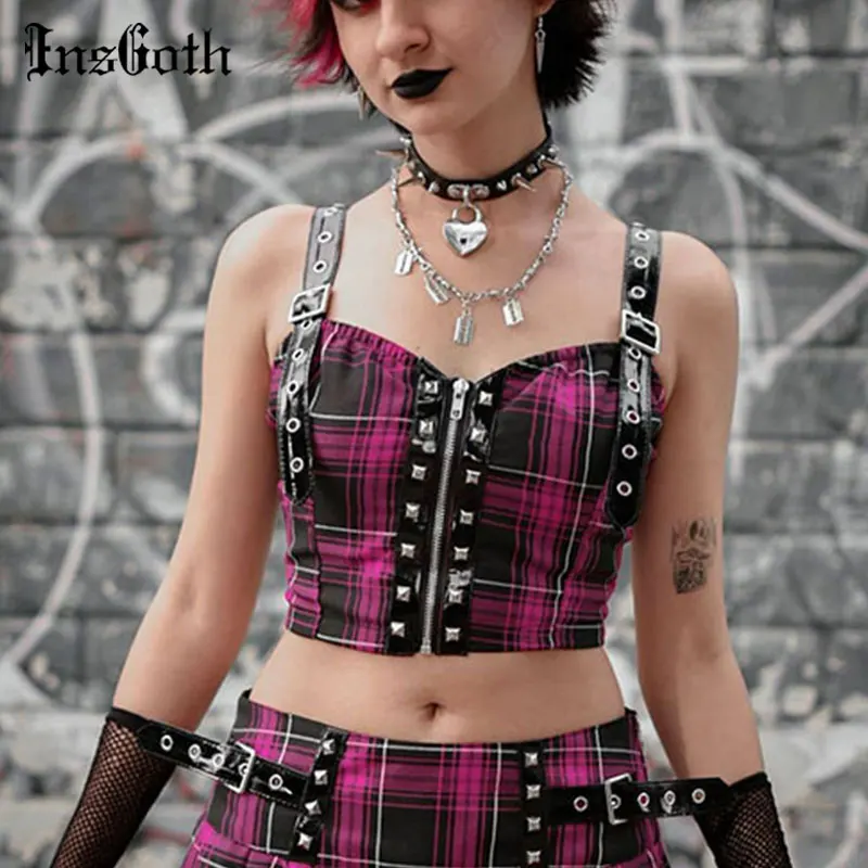 

InsGoth Punk Grunge Sexy Purple Crop Top Goth Harajuku Backless Rivet Patchwork Camisole Streetwear Bodycon Women Summer Camis