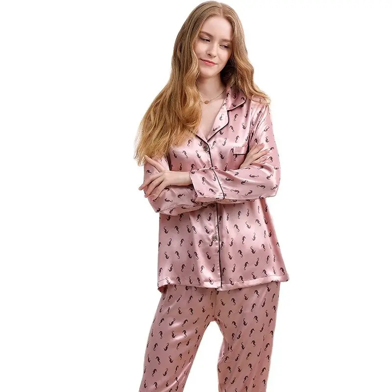 Pajamas Faux Silk Sleepwear Women Satin SILK Hippocampus Printed Pyjama Sets Female Casual Simple Home Clothing X1731
Pajamas Faux Silk Sleepwear Women Satin SILK Hippocampus Printed Pyjama Sets Female Casual Simple Home Clothing X1731