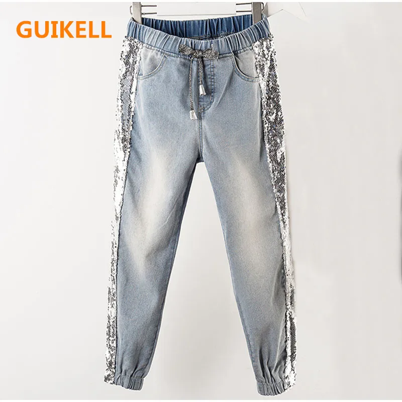 GUIKELL Plus Size Side Sequins Ankle Length Jogger Jeans 4Xl Spring Summer Chi Lady Light Blue Elastic Waist Capris Jean
GUIKELL Plus Size Side Sequins Ankle Length Jogger Jeans 4Xl Spring Summer Chi Lady Light Blue Elastic Waist Capris Jean