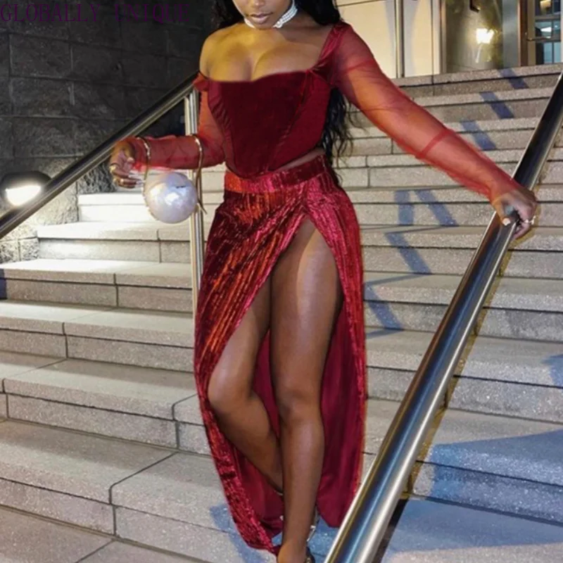 Two-piece Velvet Party Dress Suit Burgundy Elegant Female Sexy See-through Mesh Patchwork Bodice High Slit Pleated Long Skirt
Two-piece Velvet Party Dress Suit Burgundy Elegant Female Sexy See-through Mesh Patchwork Bodice High Slit Pleated Long Skirt