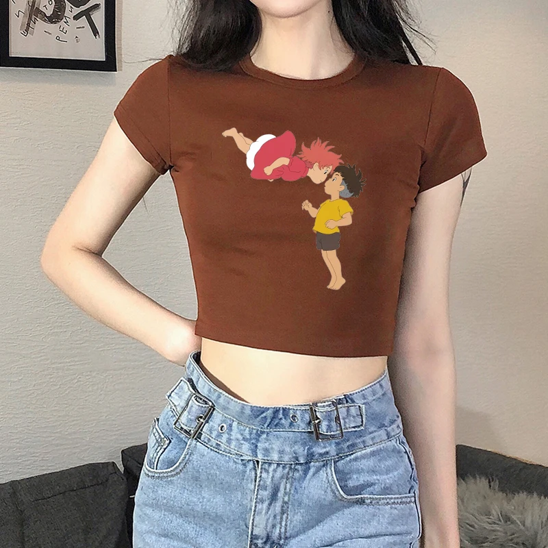 Летние футболки с коротким рукавом Kawaii Ponyo мультяшным принтом Harajuku коричневый