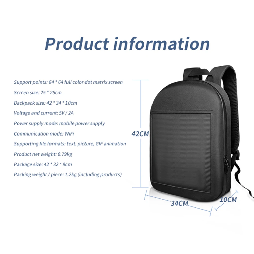 LED Display Screen Dynamic Waterproof Backpack Travel Laptop Bag Smart Wifi Control Light Multi-function School Bags Women Men 
LED Display Screen Dynamic Waterproof Backpack Travel Laptop Bag Smart Wifi Control Light Multi-function School Bags Women Men