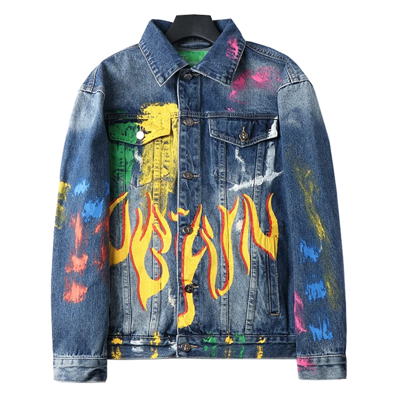 Men's streetwear colored flame painted jean jacket Fashion letters printed denim coat Outerwear 
Men's streetwear colored flame painted jean jacket Fashion letters printed denim coat Outerwear