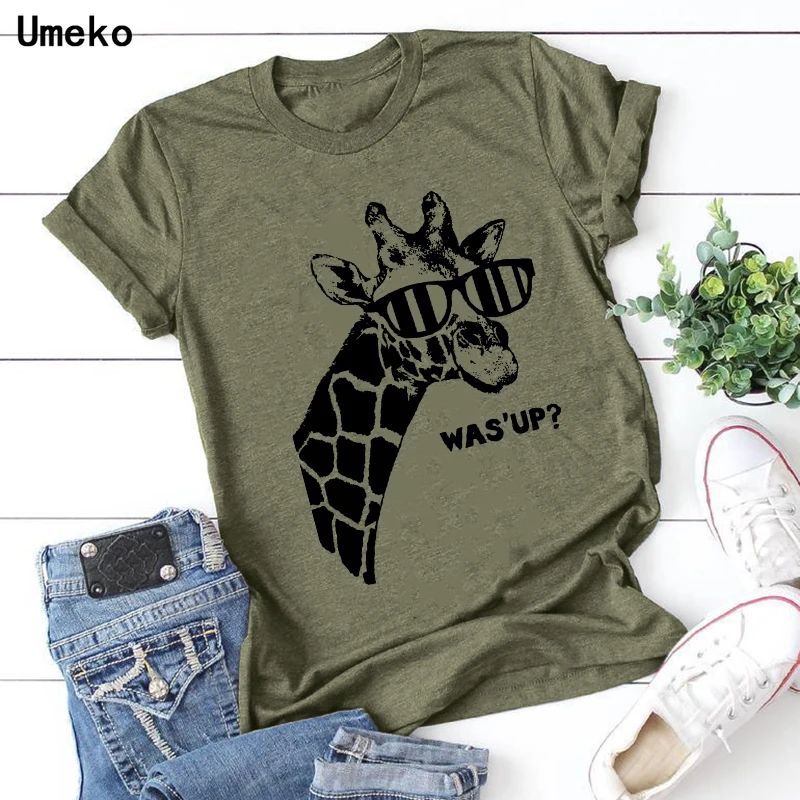 Женские футболки с круглым вырезом Umeko Модные свободные принтом жирафа