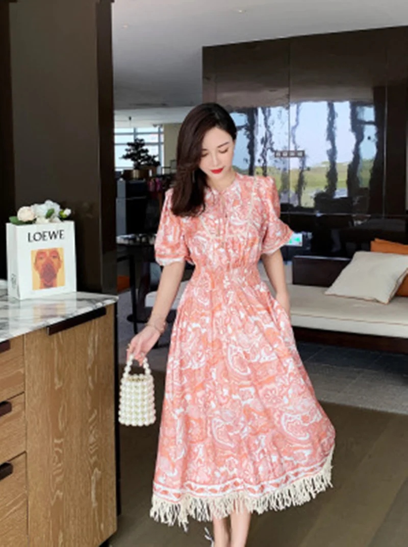 2021 Spring Summer Women V Neck Puff Short Sleeve Holiday Long Dress Ladies High Waist Chiffon Print Tassel Vestidos Female
2021 Spring Summer Women V Neck Puff Short Sleeve Holiday Long Dress Ladies High Waist Chiffon Print Tassel Vestidos Female