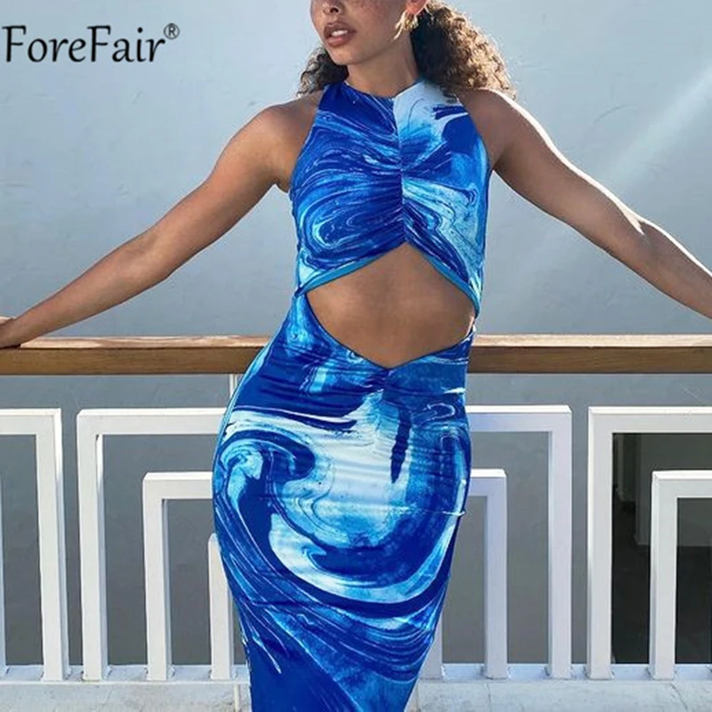 Женское пляжное облегающее платье Forefair синее ажурное макси с открытыми плечами и
