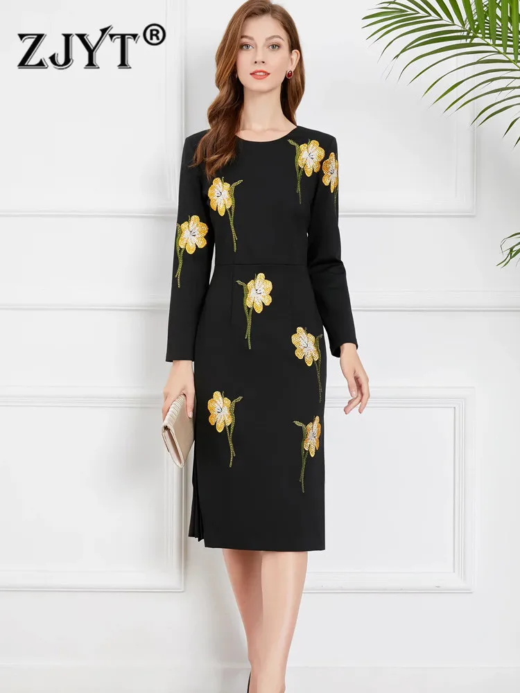 2022 Spring Runway Fashion Beading Floral Embroidery Dress for Women Elegant Midi Vestidos Long Sleeve Solid Black Office Robe
2022 Spring Runway Fashion Beading Floral Embroidery Dress for Women Elegant Midi Vestidos Long Sleeve Solid Black Office Robe