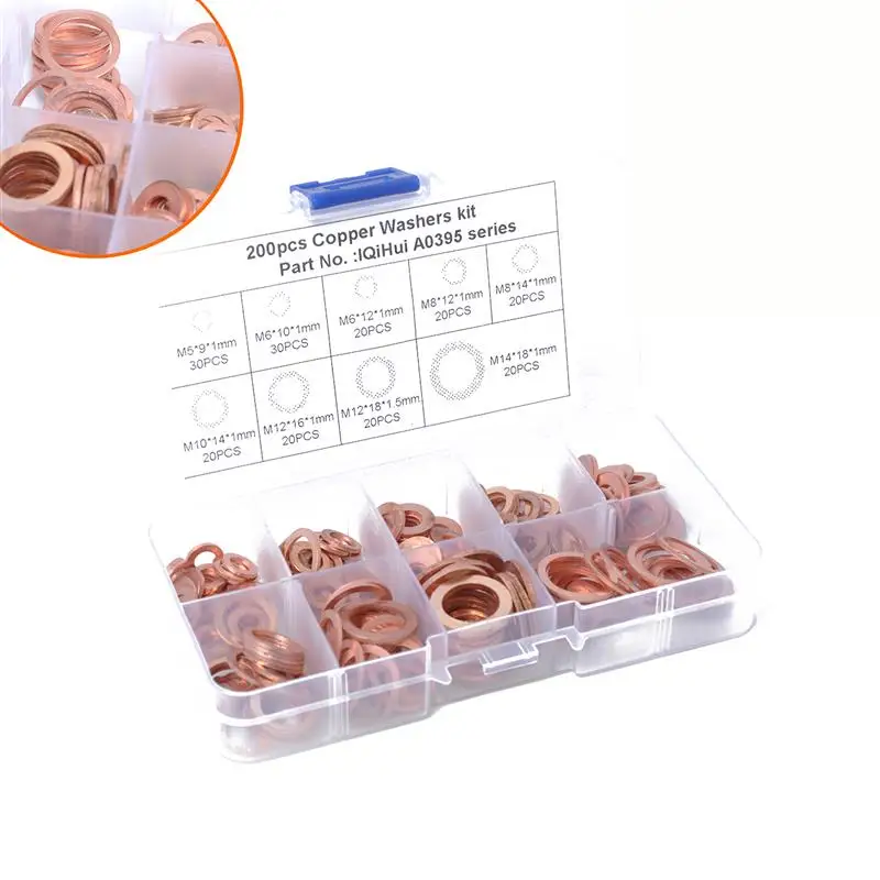 200pcs Copper Gasket Multi-size Copper Flat Washer Copper Flat Gasket Box Heat Resistant Sealing Washers Convenient Sealing
200pcs Copper Gasket Multi-size Copper Flat Washer Copper Flat Gasket Box Heat Resistant Sealing Washers Convenient Sealing