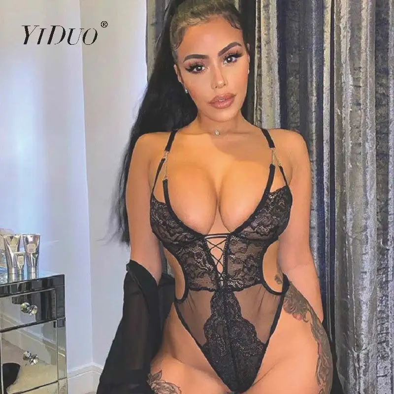 

YiDuo Deep V-Neck Plunge Strappy Sheer Black Sexy Lace Bodysuit Club Women Body See Through Backless Bodysuit Thong Teddy Mesh