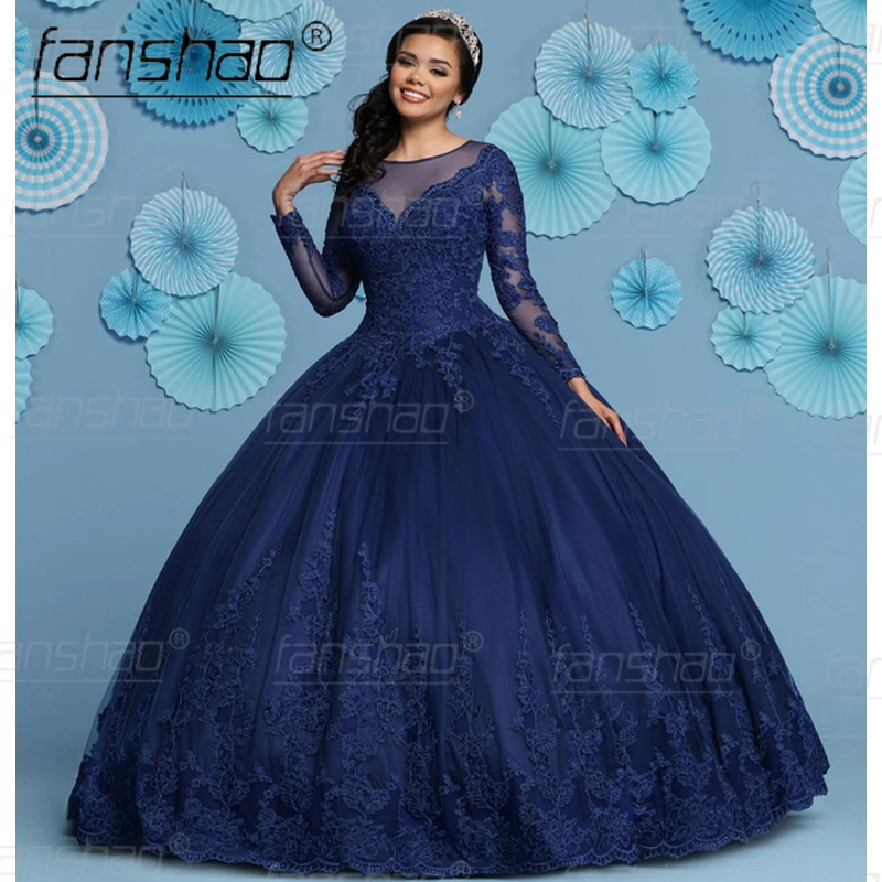 Fanshao Quinceanera Dresses Navy Blue Scoop Neck Full Sleeve Vestido Appliques Beads Lace For 15 Girls Ball Formal Gowns Puffy
Fanshao Quinceanera Dresses Navy Blue Scoop Neck Full Sleeve Vestido Appliques Beads Lace For 15 Girls Ball Formal Gowns Puffy