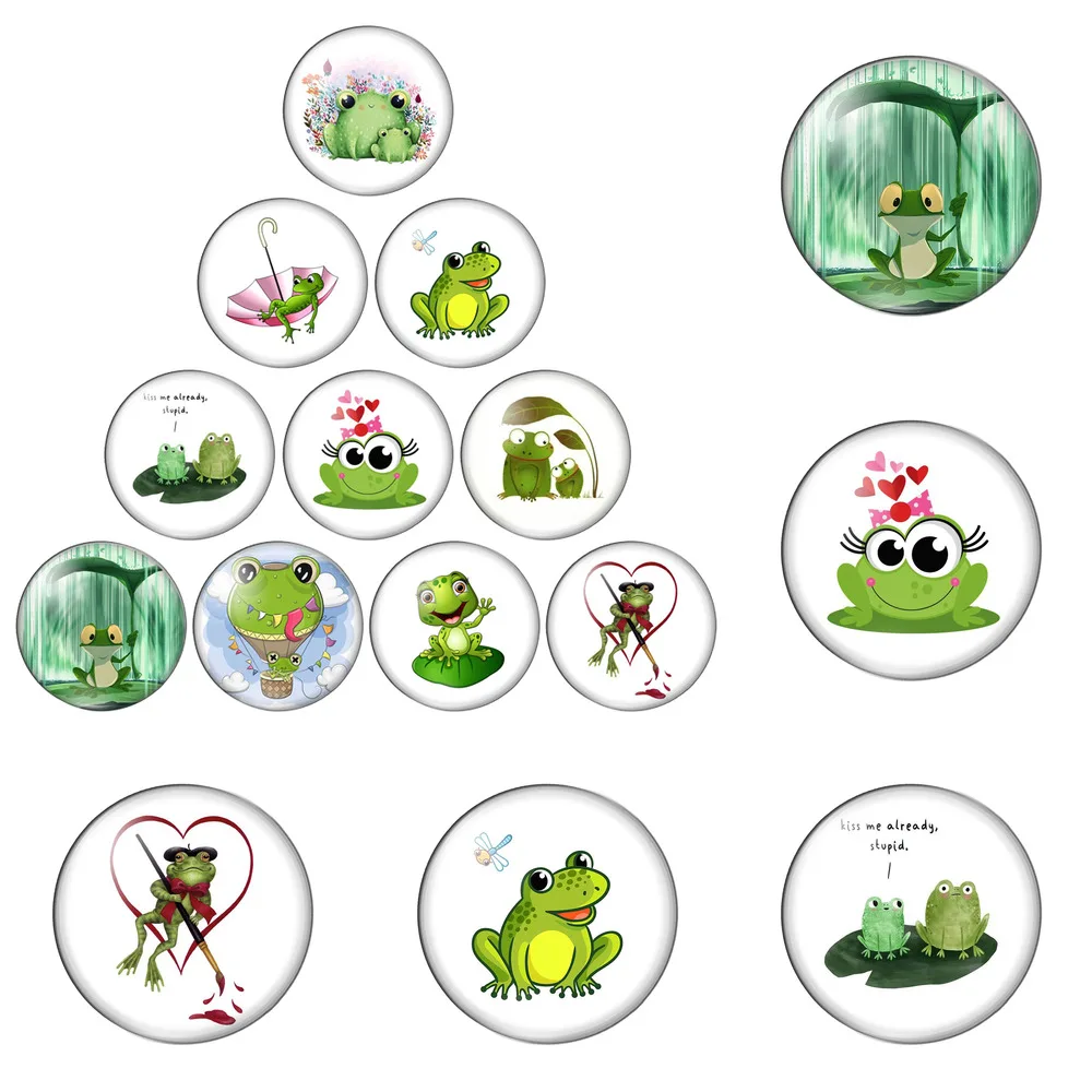

12pcs/lot Nifty Frog Green Body Animals Cute Big Eyes 8mm-30mm Round Photo Glass Cabochon Demo Flat Back Making Findings