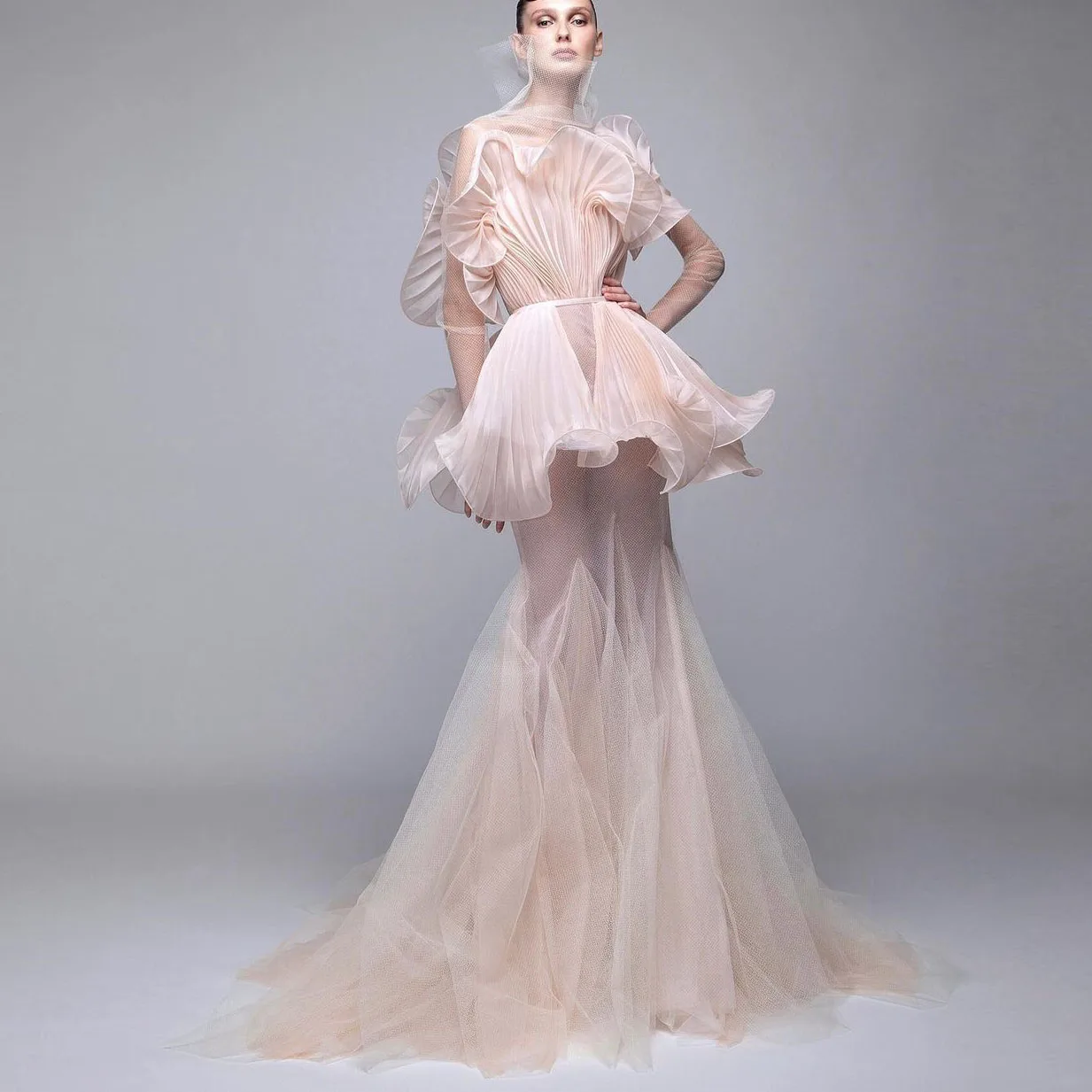 Classic Fashion Prom Dresses High Neck Ruffle Full Sleeve Mermaid Lady Long Dress See Through Layered Tulle Pageant Gowns 
Classic Fashion Prom Dresses High Neck Ruffle Full Sleeve Mermaid Lady Long Dress See Through Layered Tulle Pageant Gowns