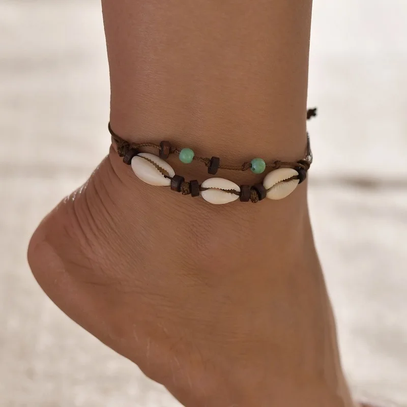 Summer Beach Brown Rope Chain Ankle Bracelet on Leg for Women Bohemian Natural Shell Beads Layered Adjustable Anklets Jewelry | Украшения и