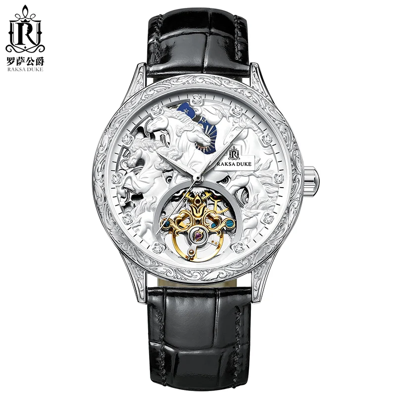 Luxury Men's Watches RAKSA DUKE T901 White Horse Zirconium Diamonds 3D Carving Leather Watchband Men Mechanical Wristwatches New
Luxury Men's Watches RAKSA DUKE T901 White Horse Zirconium Diamonds 3D Carving Leather Watchband Men Mechanical Wristwatches New