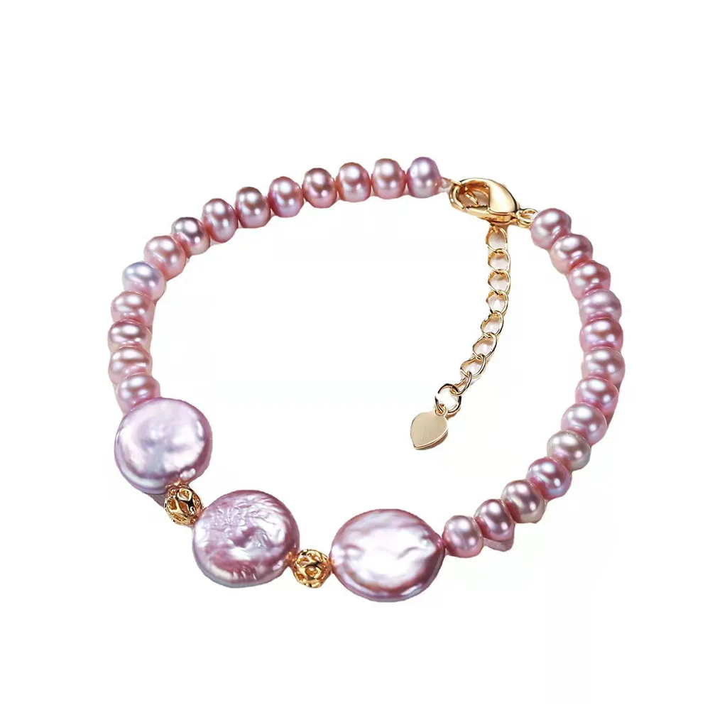 

YKNRBPH Women's Freshwater Baroque Round Purple Button Pearl Bracelet Simple Crafts Handmade Jewelry