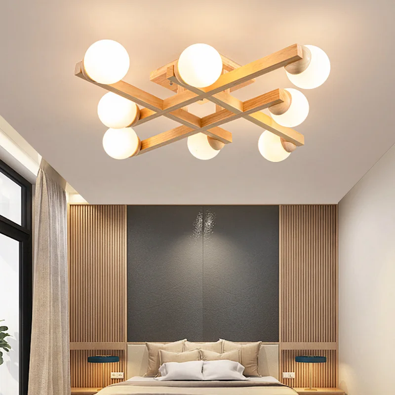 

Wooden Ceiling Lights With Glass Lampshades For Sitting Room Modern Surface Mounted Square Wood Lustres Bedroom Dining Luminaire