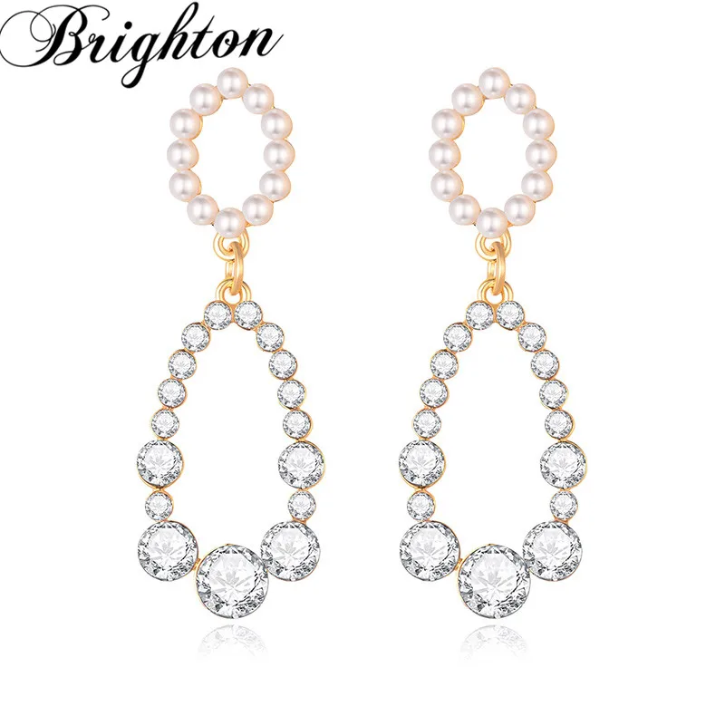 

Brighton Trendy New Fashion Crystal Simulated Pearl Geometric Hollow Layered Drop Earring For Women Girl Party Jewelry Hot Sale