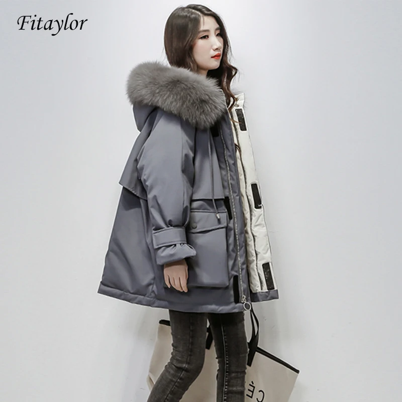 

Fitaylor Large Natural Fox Fur Hooded Winter Jacket Women 90% White Duck Down Thick Parkas Warm Sash Tie Up Snow Coat