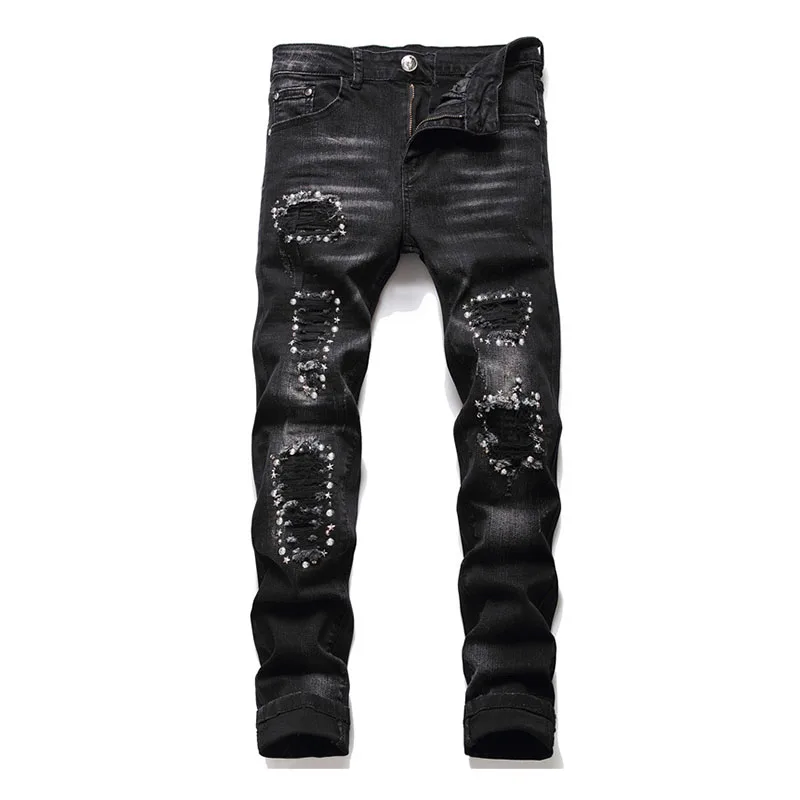 2021 Men High Street Ripped Jeans Holes Rivet Patchwork Denim Trousers For Male Stretch Washed
2021 Men High Street Ripped Jeans Holes Rivet Patchwork Denim Trousers For Male Stretch Washed