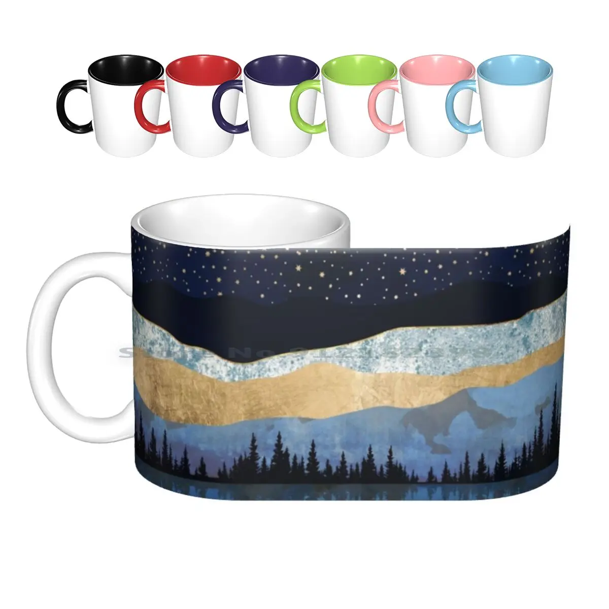 

Midnight Lake Ceramic Mugs Coffee Cups Milk Tea Mug Midnight Lake Stars Celestial Nature Landscape Trees Forest Reflection