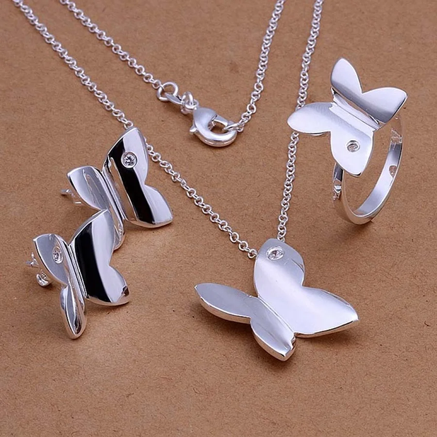 925 Silver wedding jewelry cute Women lady girl gift butterfly pendant necklace Stud Earrings Ring Silver color jewelry Set
925 Silver wedding jewelry cute Women lady girl gift butterfly pendant necklace Stud Earrings Ring Silver color jewelry Set