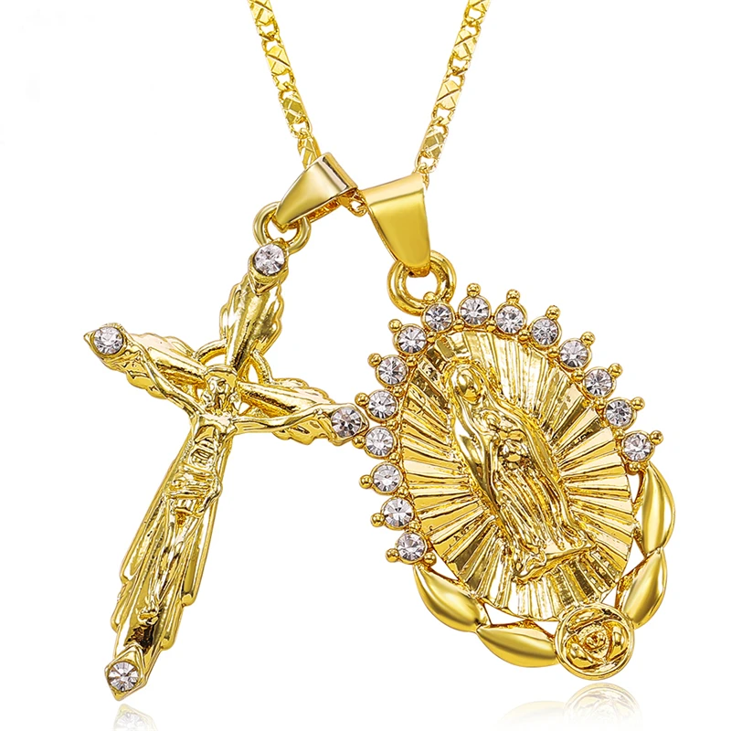 

Gold Color Virgin Mary Crystal Rhinestone Necklace Prayer Cross Necklace INRI Crucifix Jesus Piece Pendant Women Jewelry Colar