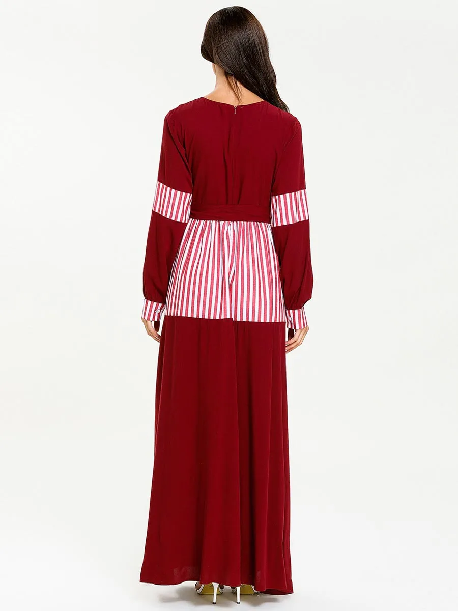 Abaya Femme Arabian Muslim Dress Stripe Hit Color Gown Fashion Simple Stitching Long Sleeve Tie Musulman Robe Dress
Abaya Femme Arabian Muslim Dress Stripe Hit Color Gown Fashion Simple Stitching Long Sleeve Tie Musulman Robe Dress