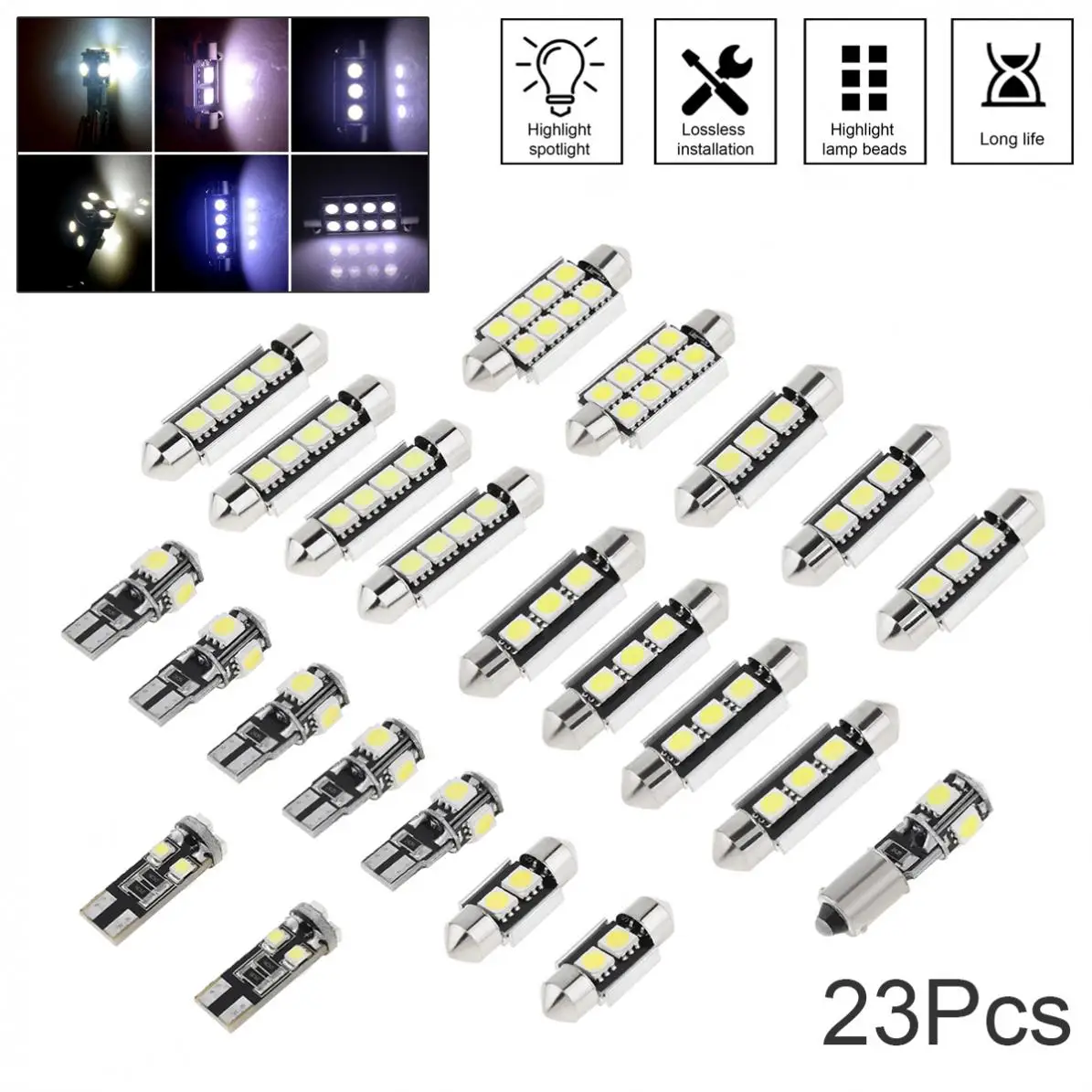

23pcs T10 5050 W5W Canbus LED White Car Interior Inside Light Dome Trunk Map License Plate Lamp Bulb