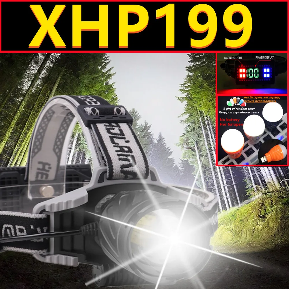 Светодиодный налобный фонарь XHP199 высокой мощности, фонарь на голову XHP50, фонарь с зумом для улицы, Рождество, 2000000LM